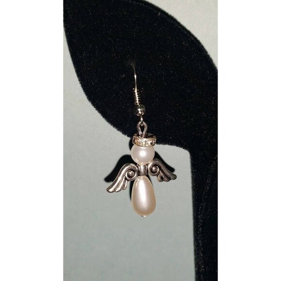 White Pearl and Silver-tone Beaded Angel Earrings - Picture 2 of 5